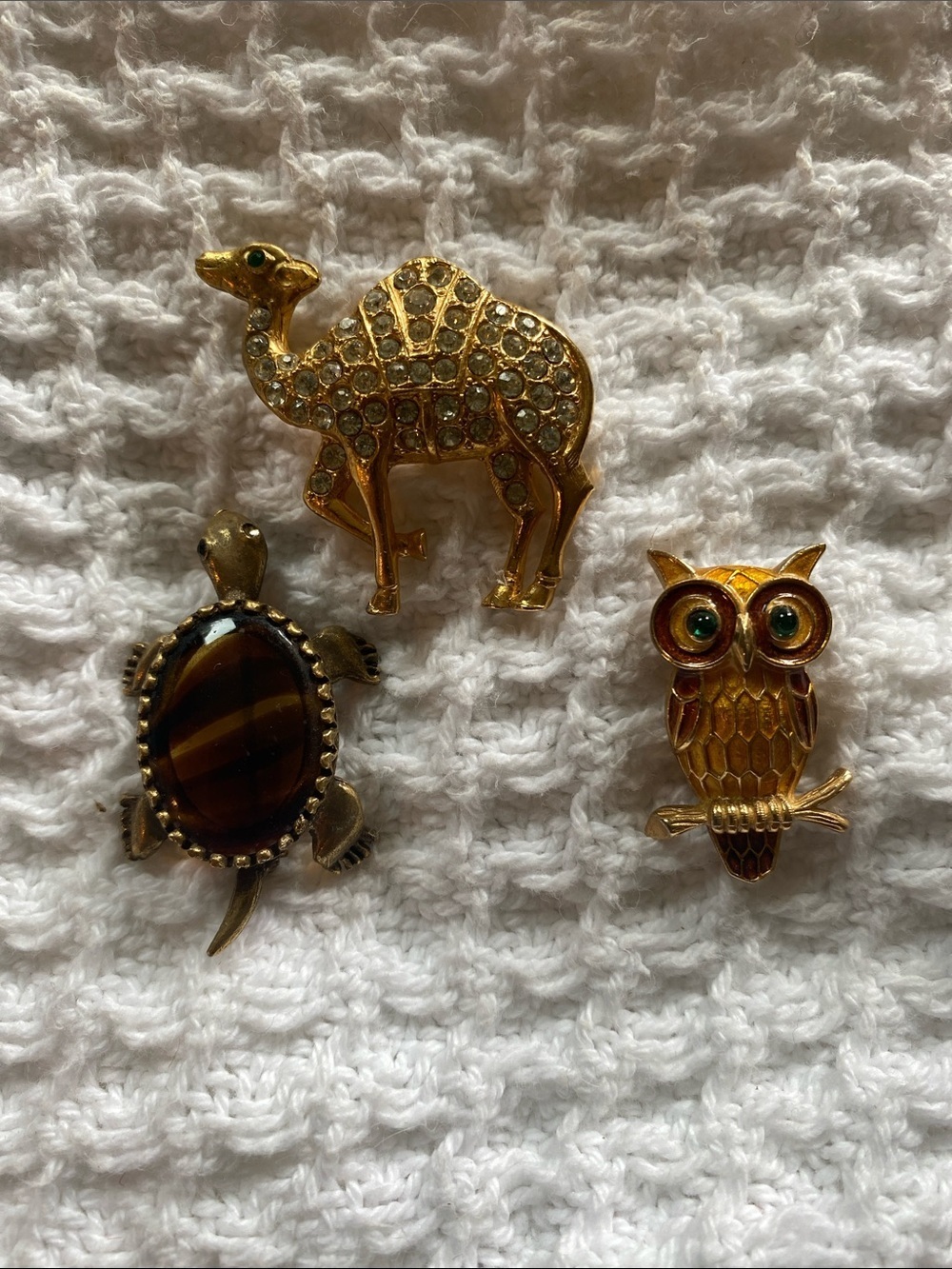Gold Animal Brooch Set - Camel, Turtle & Owl bundle of three